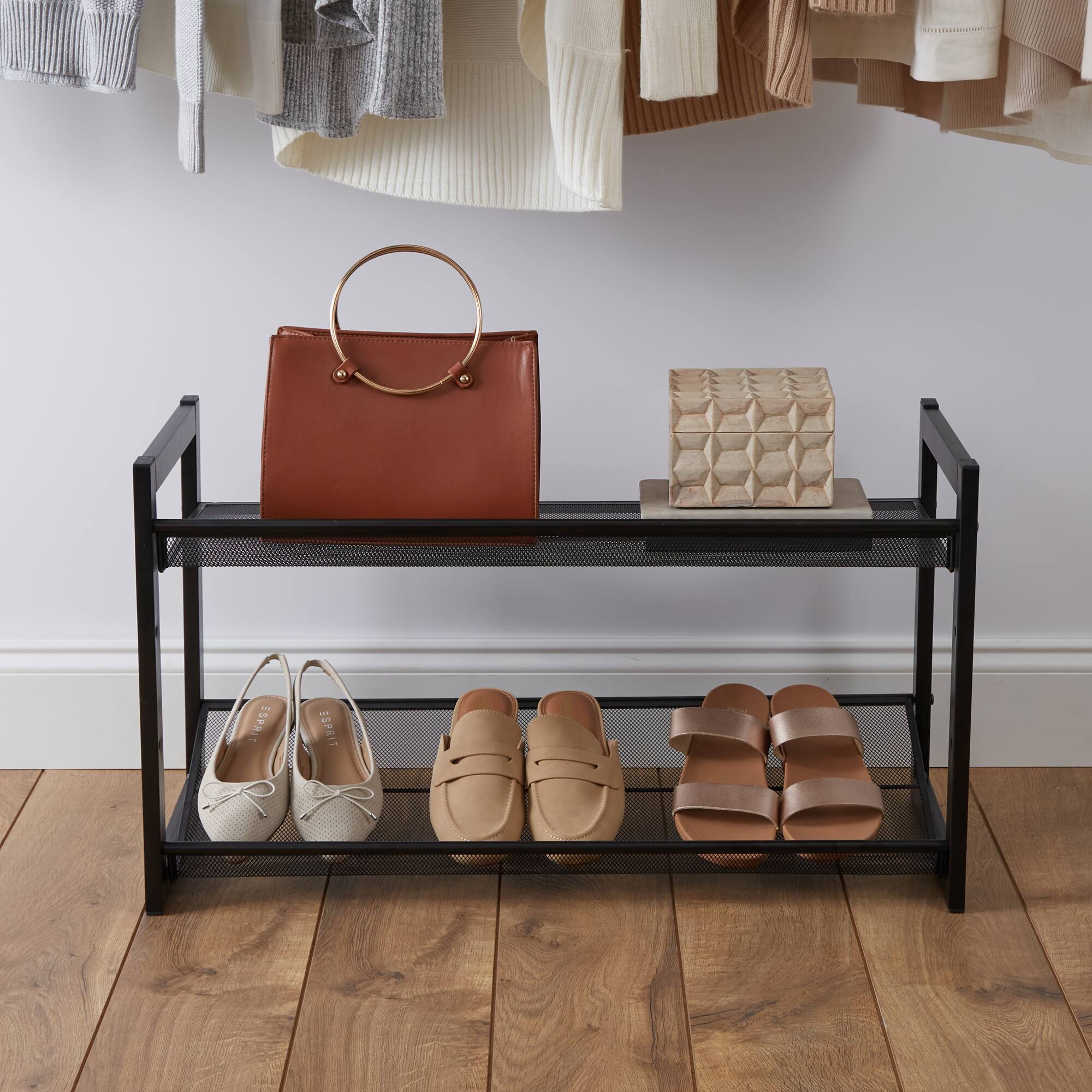 Organize It All 30" Black 2 Tier Adjustable Mesh Shoe Rack